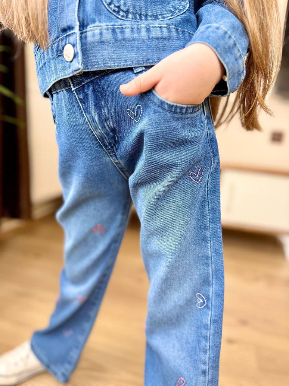 Kalp Nakışlı Kız Çocuk Kot Ceket Kot Pantolon Takım
