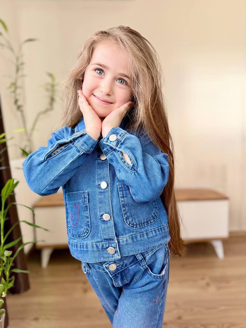 Kalp Nakışlı Kız Çocuk Kot Ceket Kot Pantolon Takım